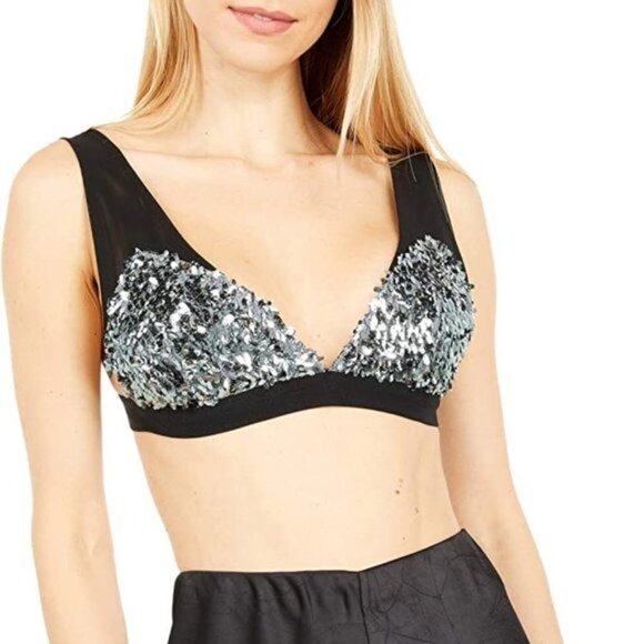 Free People Black Let it Shine Sequin Pullover Bralette Bra Small S NWT - Picture 1 of 1